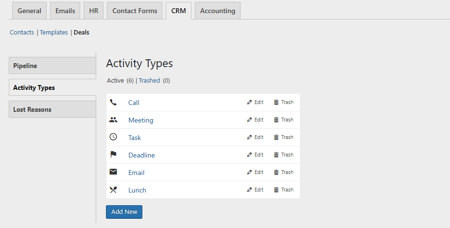 activity types. deal management system