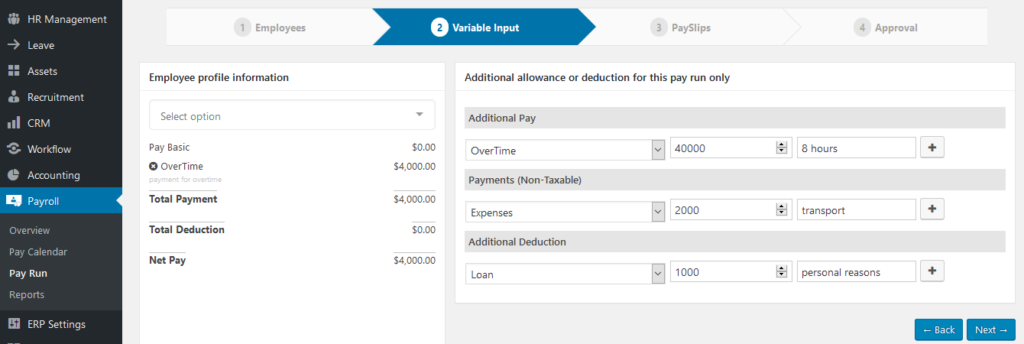 Payrun variable input