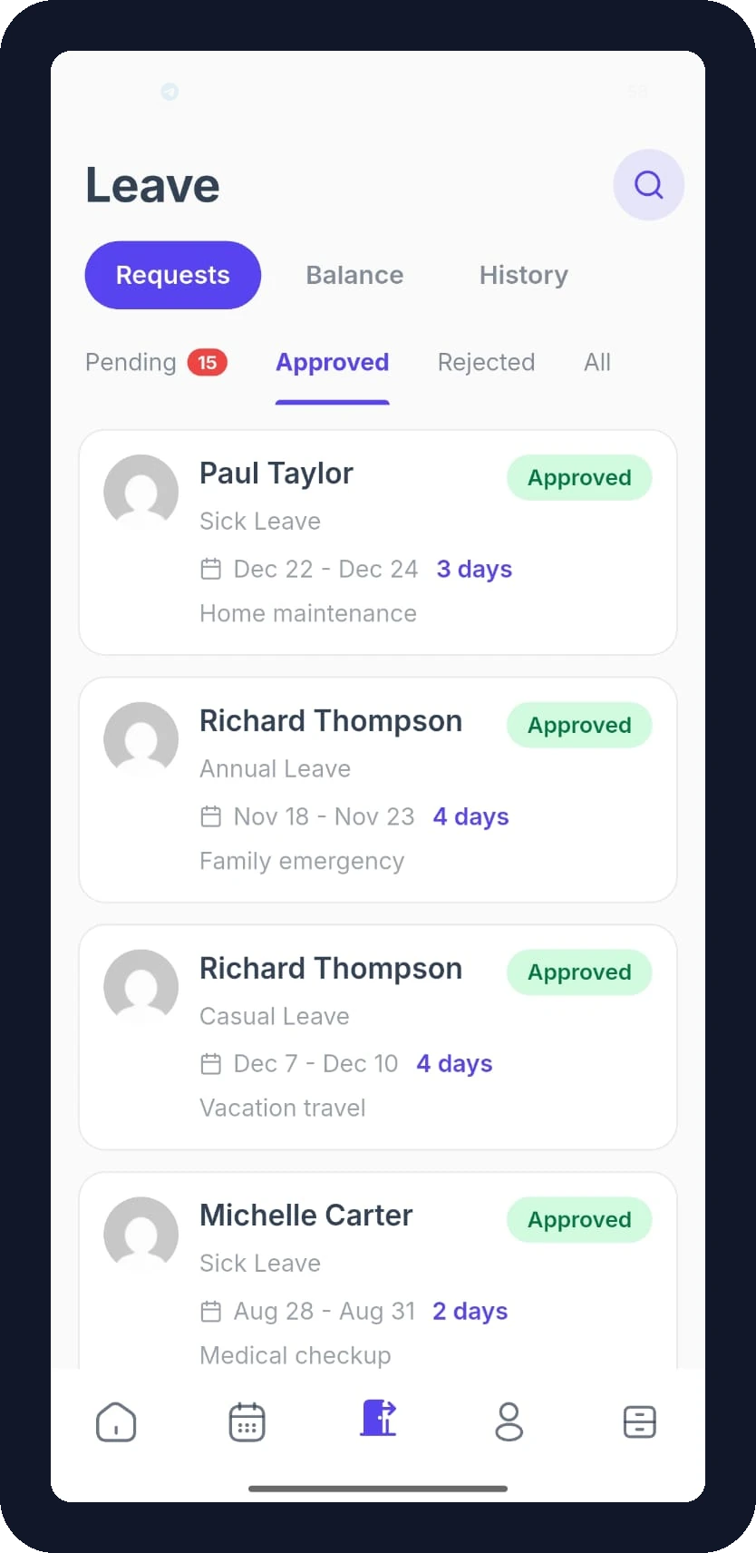 FlyHR admin leave requests filtered to approved requests from the team