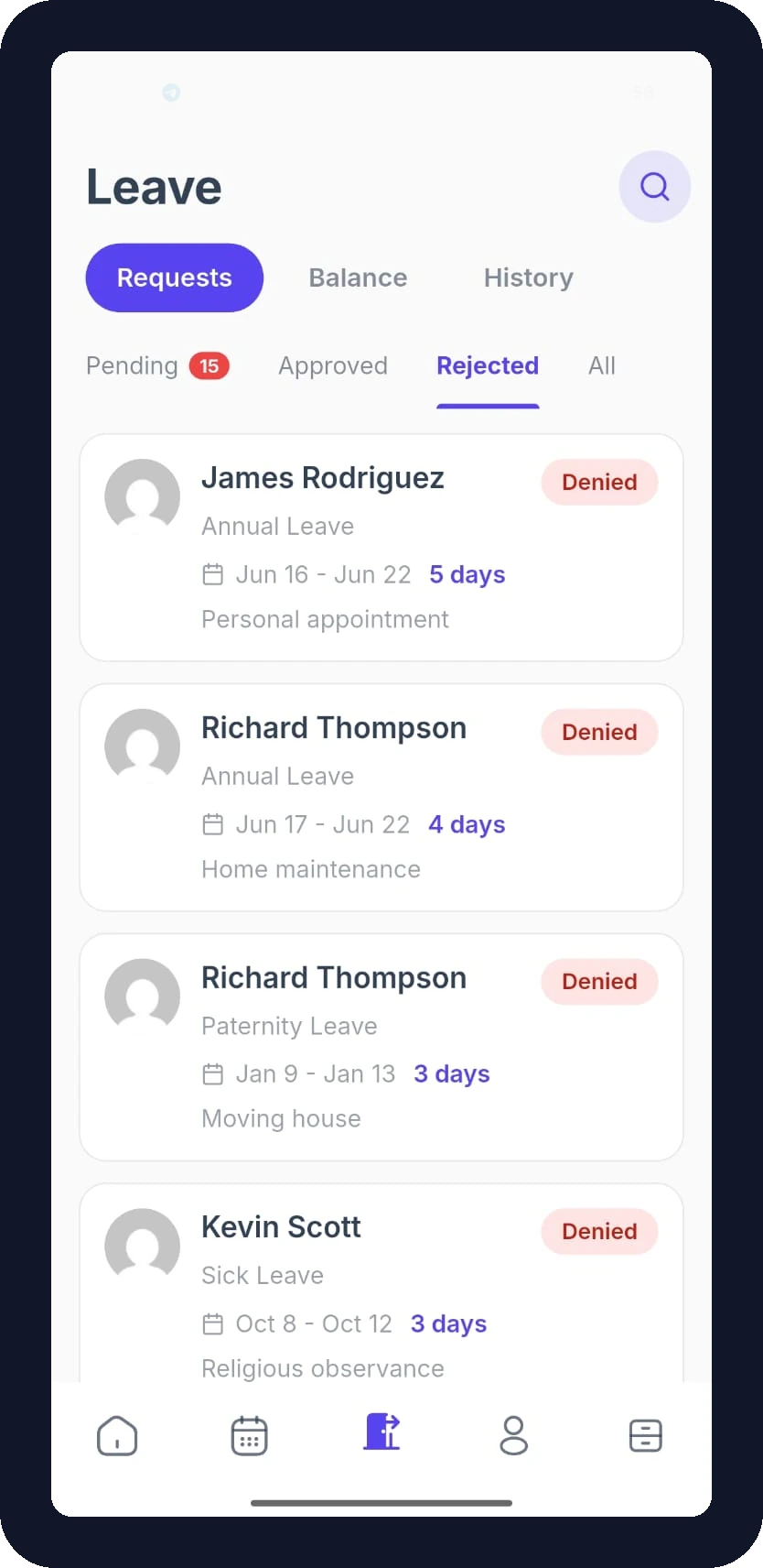 FlyHR admin leave requests filtered to rejected requests marked Denied