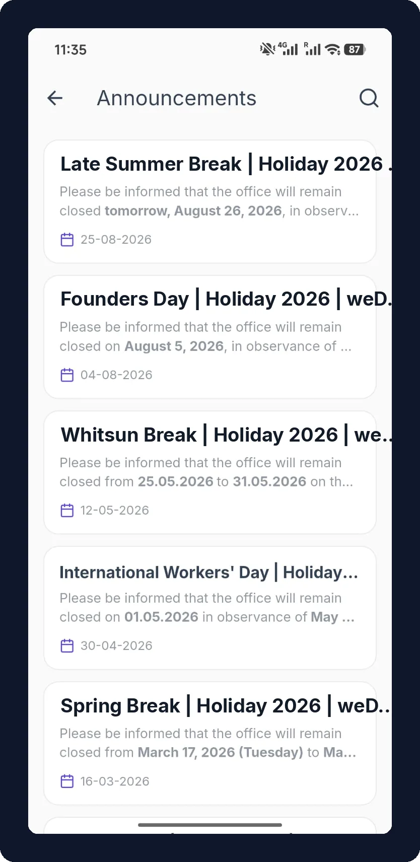 FlyHR announcements list with company holiday notices