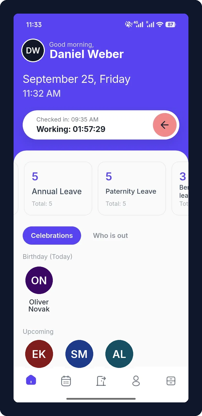 FlyHR home screen with the slide to check in control, leave balance cards, and birthdays