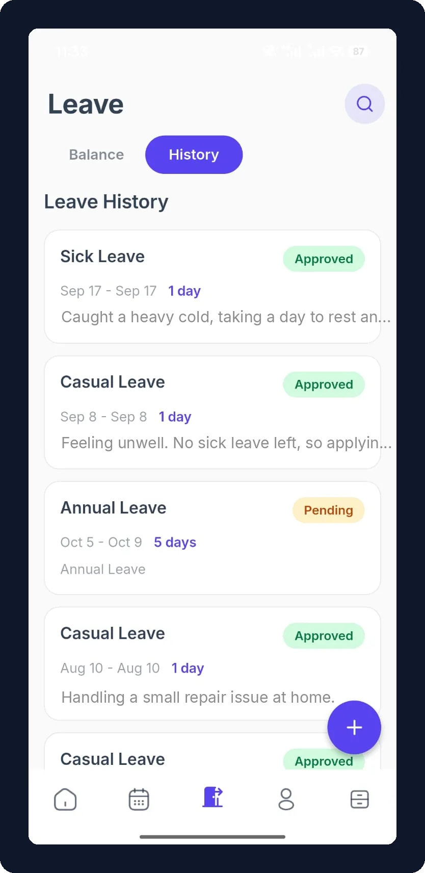 FlyHR leave history with approved and pending requests
