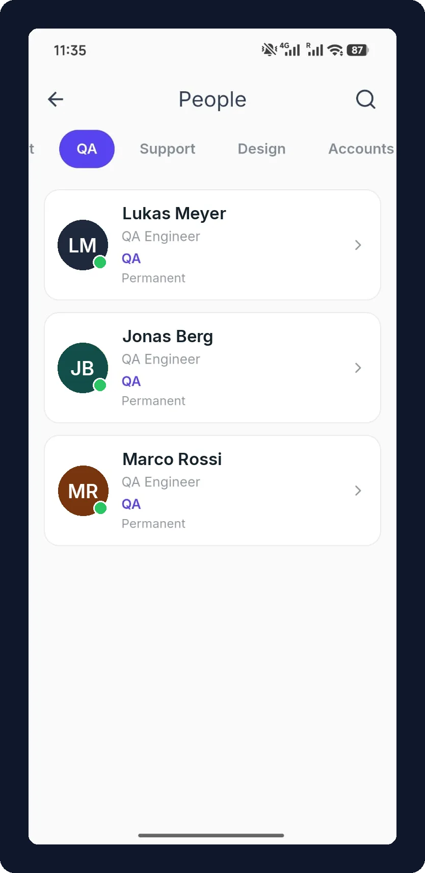 FlyHR people directory filtered by department