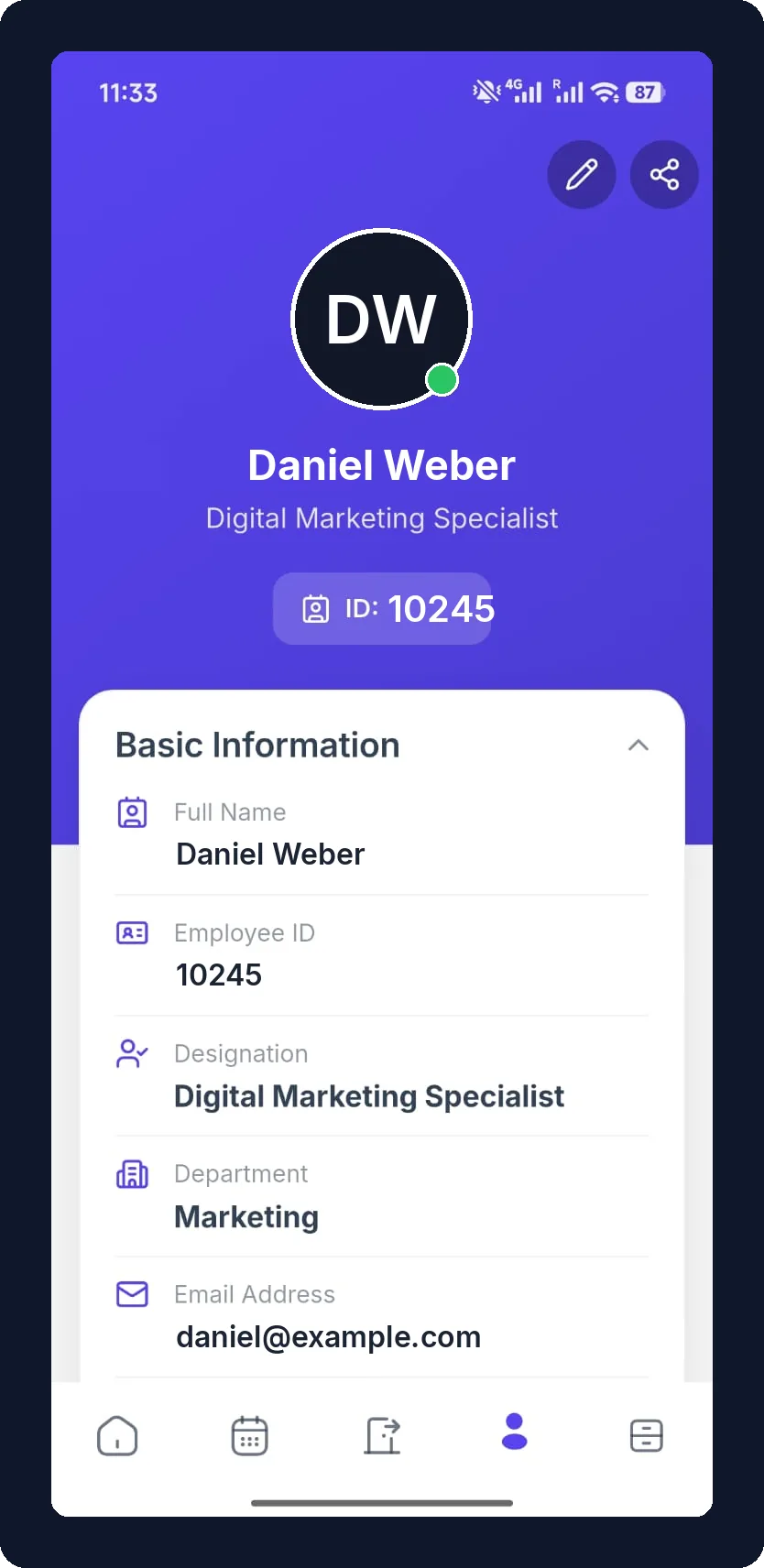 FlyHR employee profile with basic information