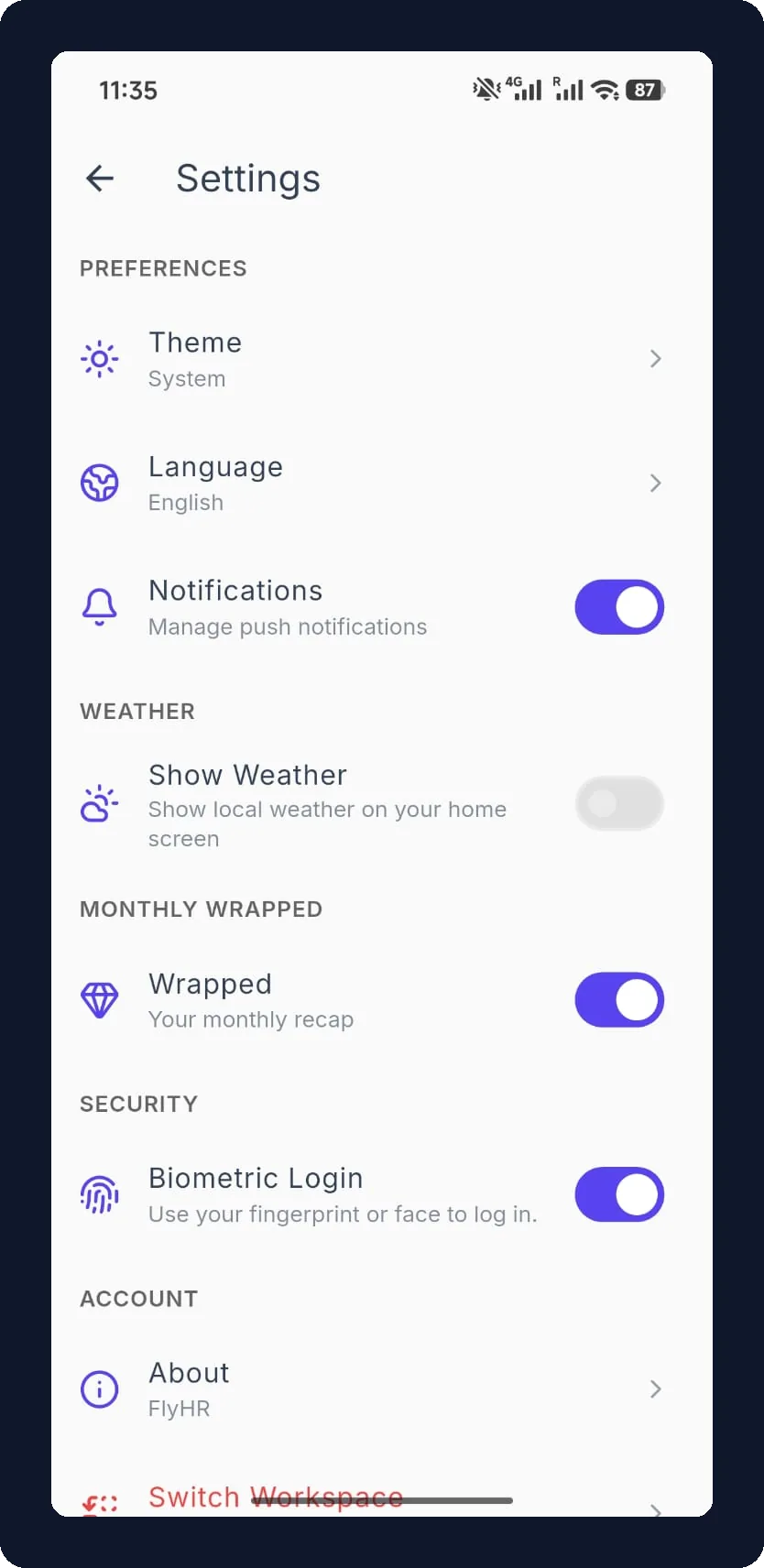 FlyHR settings with theme, language, notifications, and biometric login