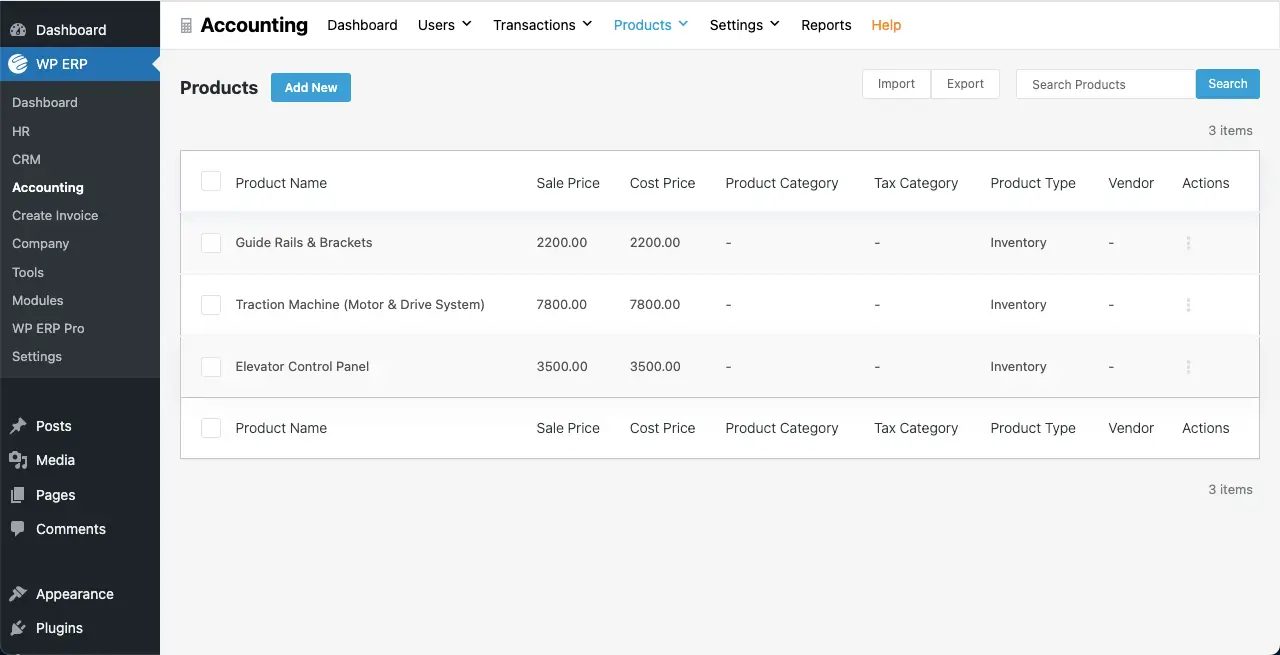 Products added to WP ERP