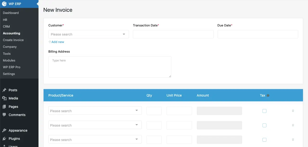 Add information to create an invoice with WP ERP