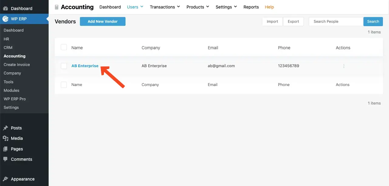 Vendor added to the ERP