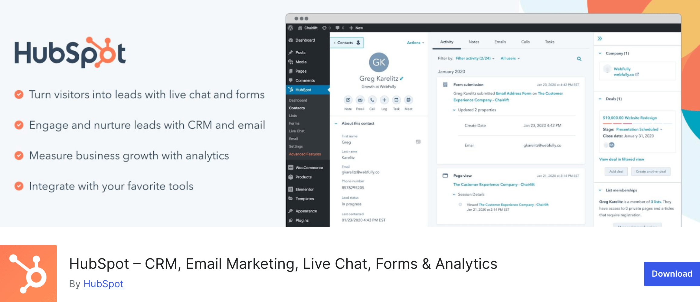Screenshot of the Hubspot CRM plugin from the WordPress repository