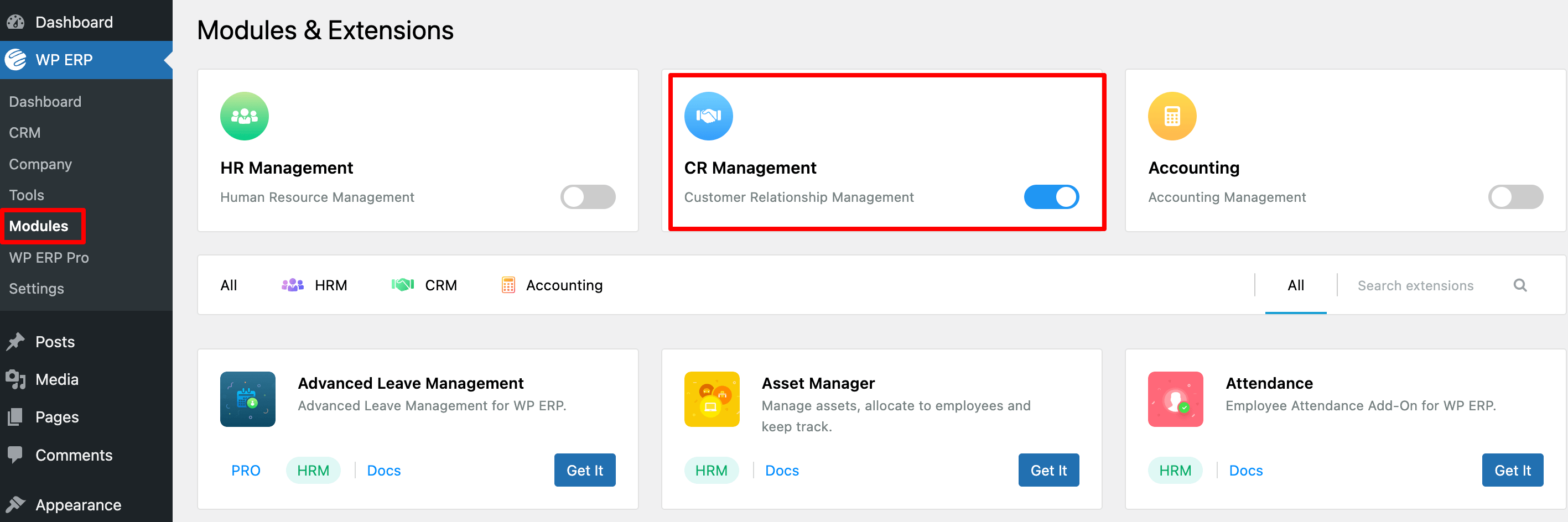 WP ERP modules on WordPress dashboard