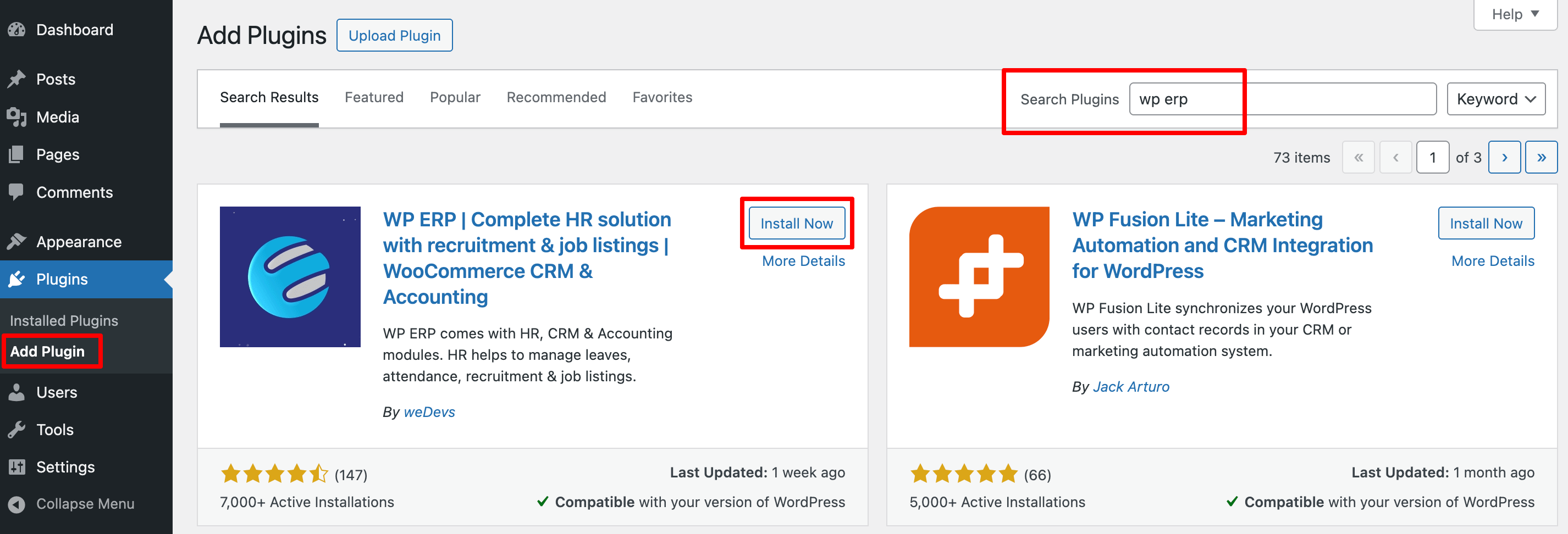 WordPress dashboard that's showing the steps to install WP ERP plugin