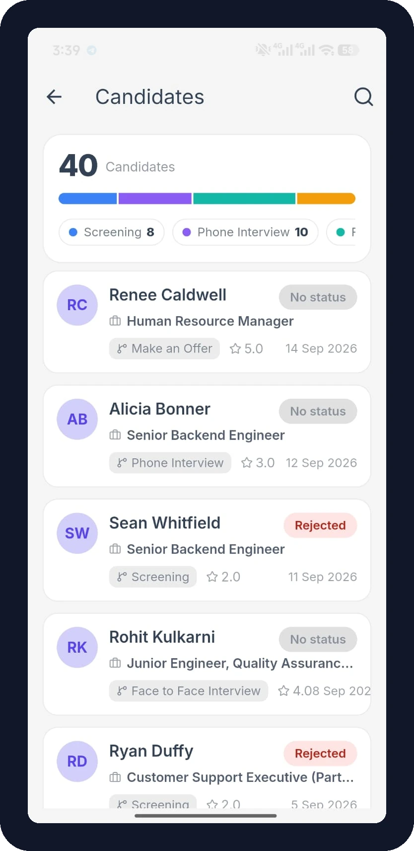 FlyHR candidates list with a stage breakdown bar and candidate cards