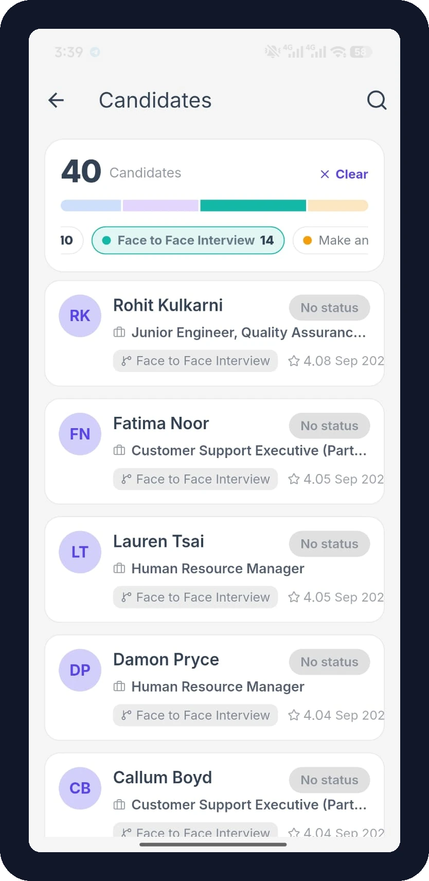 FlyHR candidates filtered to the Face to Face Interview stage