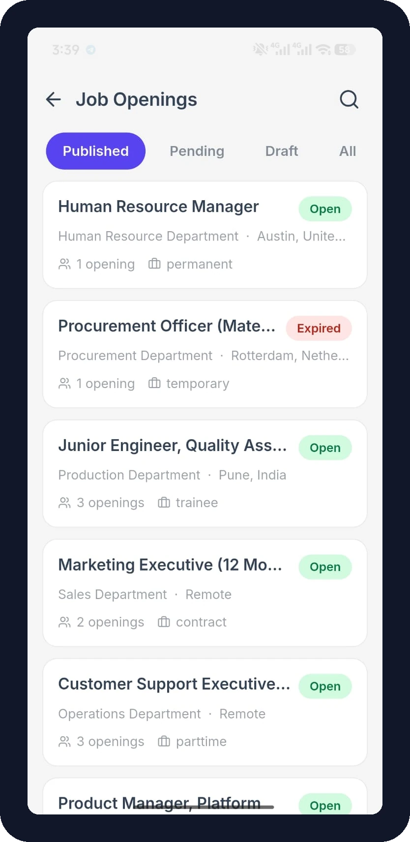 FlyHR job openings list with open and expired job posts