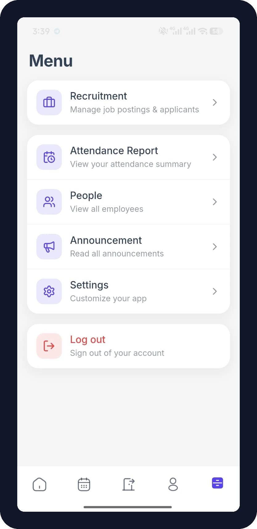 FlyHR admin menu with Recruitment above Attendance Report, People, Announcement, and Settings