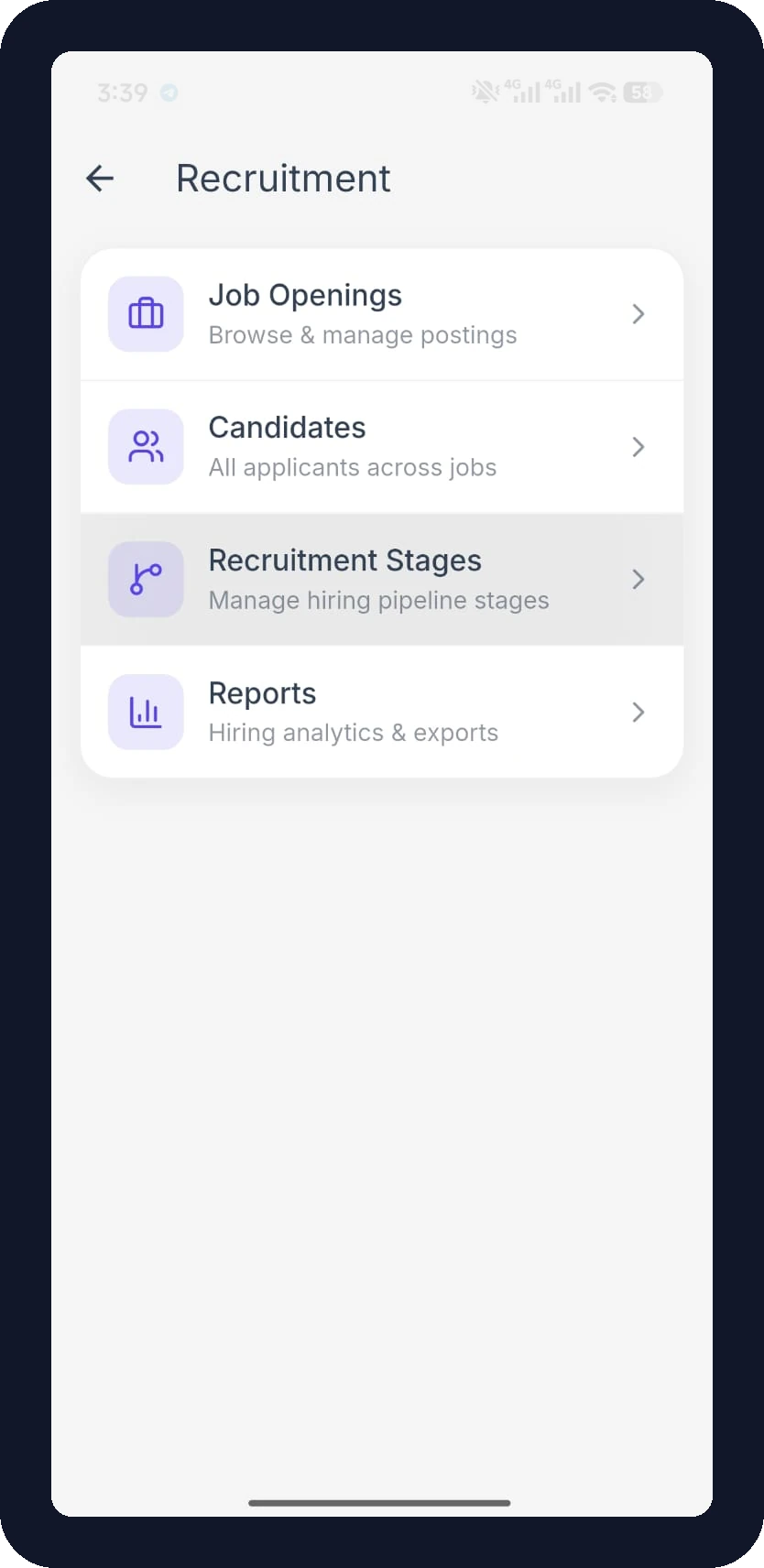 FlyHR Recruitment screen with Job Openings, Candidates, Recruitment Stages, and Reports