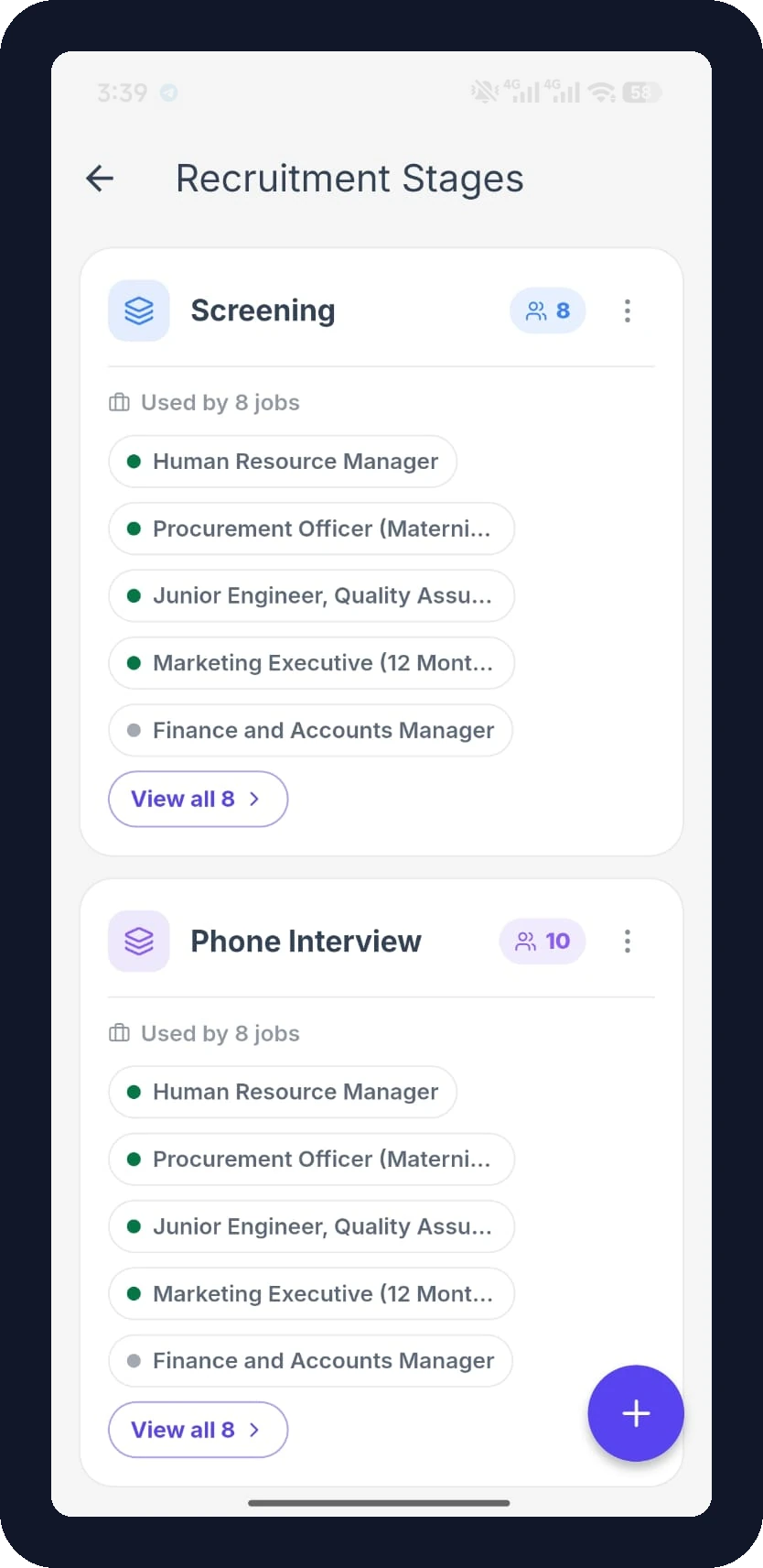 FlyHR recruitment stages with candidate counts and the jobs that use each stage