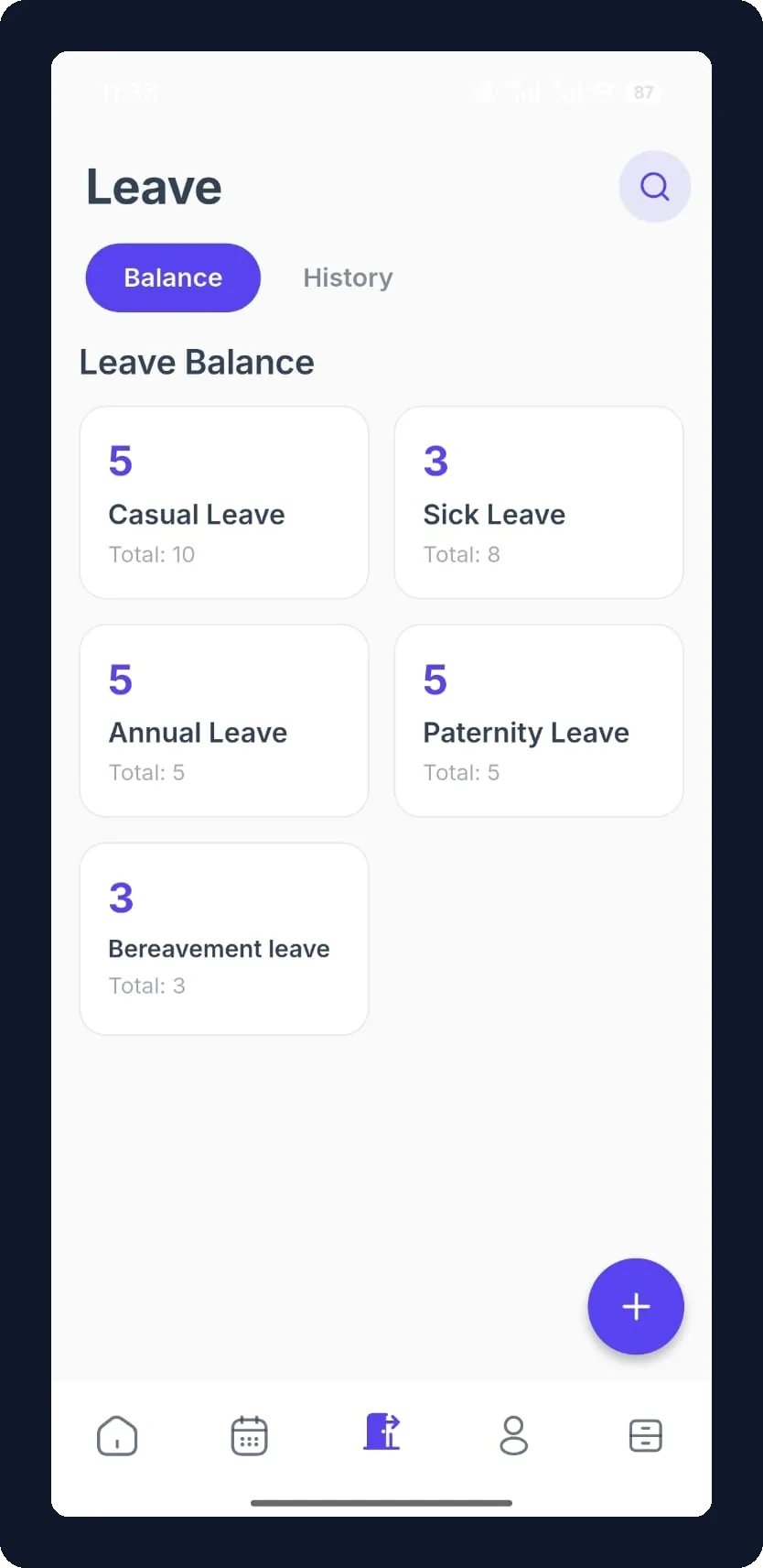 FlyHR leave balance showing days remaining per leave type